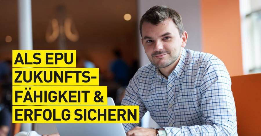 Mann mit Karohemd blickt in Kamera, Schriftzug "Als EPU Zukunftsfähigkeit & Erfolg sichern"